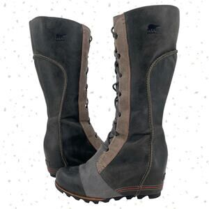 Sorel Cate The Great Wedge Charcoal Gray Tall Leather Suede Lace Up Boots 9.5
